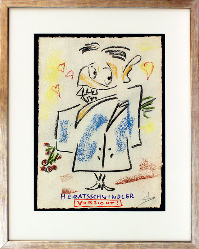 Helge Schneider - HEIRATSSCHWINDLER VORSICHT 2 original Kohlezeichnung auf Büttenpapier
