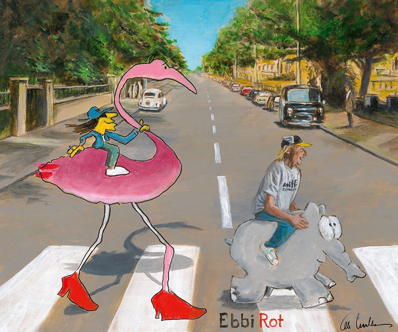 otto-waalkes-ebbi-rot-flamingo-mit-udo-lindenberg-ungerahmt-beatles-abbey-road-ottifant