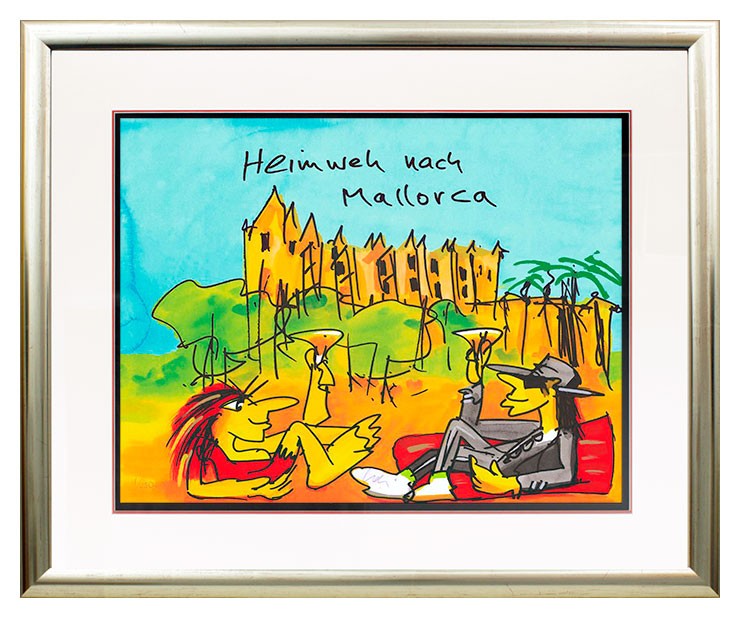 Udo Lindenberg HEIMWEH NACH MALLORCA - original Grafik handsigniert-Holzrahmen Silber
