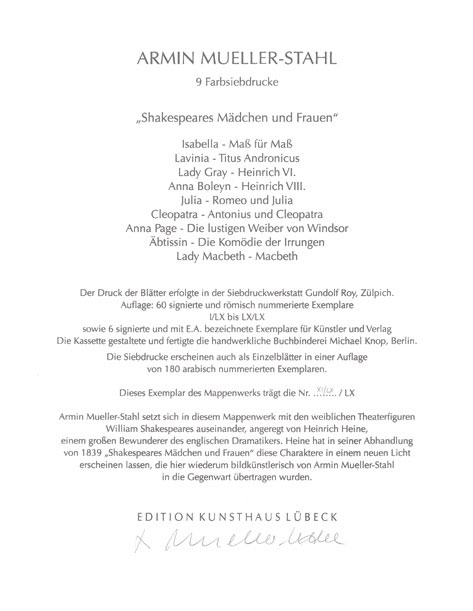 Armin Mueller-Stahl - Shakespeares Mädchen und Frauen - Mappenwerk in 9 Siebdrucken - Original Siebdrucke handsigniert