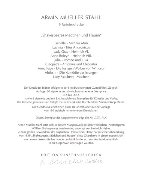 Vorsatzblatt Mappenwek MUELLER-STAHL- Shakespeares Mädchen und Frauen Armin Mueller-Stahl - Shakespeares Mädchen und Frauen - Mappenwerk in 9 Siebdrucken - Original Siebdrucke handsigniert