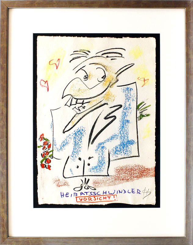 Helge Schneider - HEIRATSSCHWINDLER VORSICHT original Kohlezeichnung auf Büttenpapier