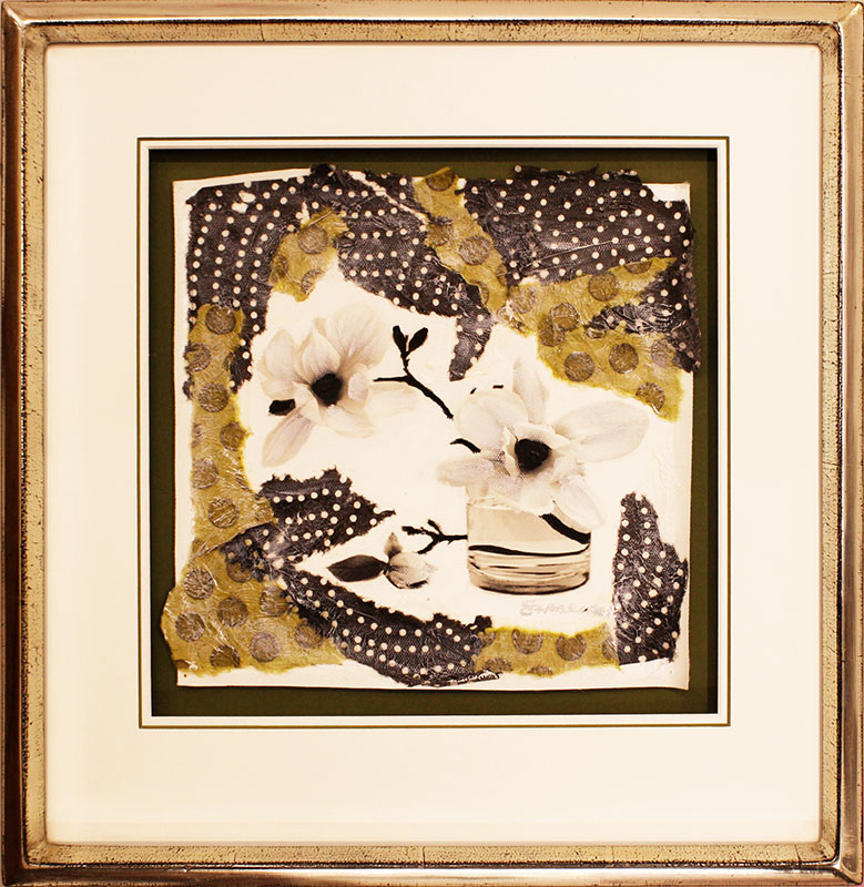 Weisse Magnolie - Original Collage im Weissgoldrahmen