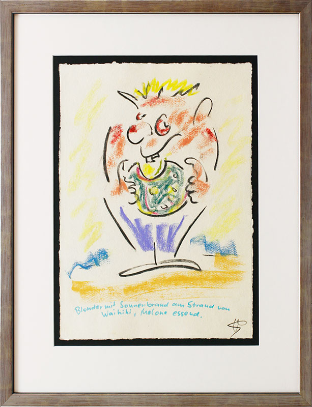 Helge Schneider - BLONDER MIT SONNENBRAND AM STRAND... original Kohlezeichnung auf Büttenpapier